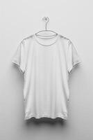 Plain mockup white tshirt on a hanger against a light background photo