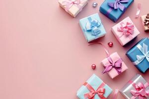 Colorful gift boxes arranged on a soft pastel background for a festive occasion photo