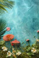 Vibrant tropical background with green leaves and umbrellas on calm blue surface photo
