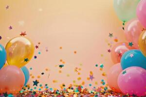 Colorful balloons and confetti create festive atmosphere for celebrations, copy space photo