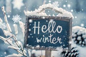 Winter greeting sign amid snow-covered trees and flurries in a serene landscape photo