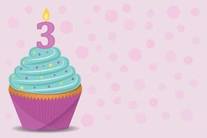 Background with birthday cupcake with number 3 candle. vector