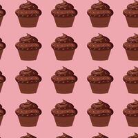 Pattern of chocolate cupcakes with sprinkles on pink background. vector
