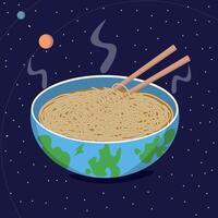 Globe shaped bowl of noodles with galaxy background vector
