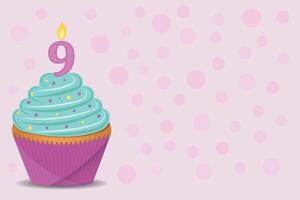 Background with birthday cupcake with number 9 candle. vector