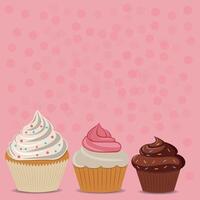Three cupcakes on a pink background. vector