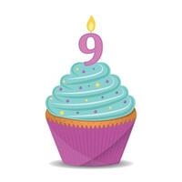 Birthday cupcake with number 9 candle. vector