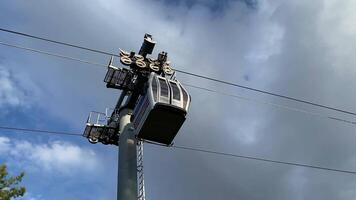 Rollers on the support for the movement of the funicular on the cable car. The movement of ropes and rollers on the cable car. Funicular movement. High quality FullHD footage video