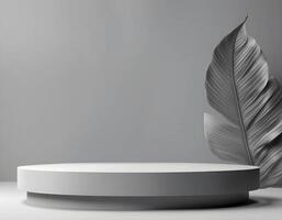 Gray pedestal podium with leaf background, 3D empty display scene presentation for product placement photo