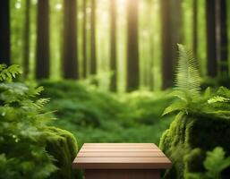 Wooden podium tabletop in outdoor tropical forest, blurred green plants and trees nature background. Natural product placement pedestal stand display,summer jungle paradise concept. photo