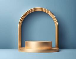 3d background with double cylinder podium. blue podium stage with golden frame. Minimal scene mockup products display photo