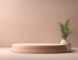 3D rendering of empty space podium display for product mockup natural background, Wooden platform with simple plant photo
