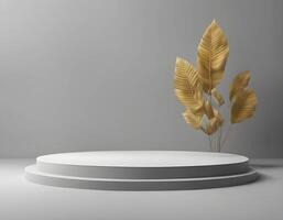 3d gray stage background, scene mockup products display on a small podium platform with a golden leaf photo