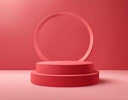 3d background with double cylinder podium. Red podium stage with a surrounding circle at the back. Minimal scene mockup products display photo