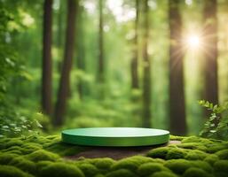 Green circular plastic display stand, natural product display, blurry forest background with sun rays, product podium photo