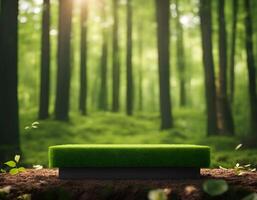 Rectangular grass podium for displaying products on a mound of dark brown dirt. nature outdoors forest blurred green background, product placement, pedestal stand display, spring cosmetics concept photo
