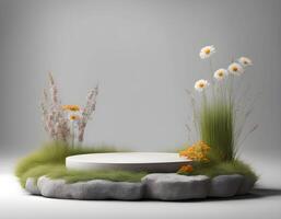 White stone platform podium with grass and chamomile flowers for products presentation photo