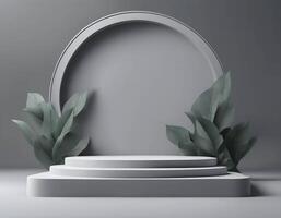 3d gray stage background, scene mockup products display on a small podium platform with a green leaf, with a surrounding circle at the back photo