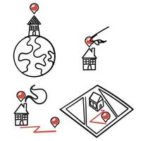 doodle house map gps location illustration icon in handdrawn style vector