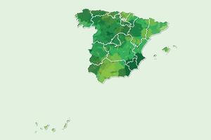 Spain watercolor map of green color with border lines of different regions or divisions vector
