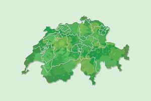 Switzerland watercolor map of green color with border lines of different regions or cantons vector
