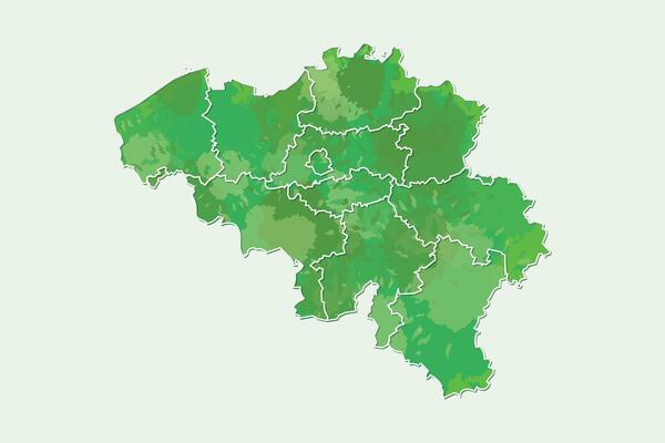 Belgium watercolor map of green color with border lines of different regions or provinces on light background using paint brush