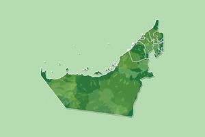 UAE watercolor map of green color with border lines of different emirates on light background using paint brush vector