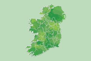 Ireland watercolor map of green color with border lines of different regions or counties on light background using paint brush vector