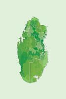 Qatar watercolor map of green color with border lines of different cities on light background using paint brush vector