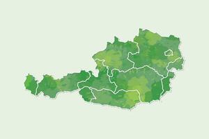 Austria watercolor map of green color with border lines of different regions or states on light background using paint brush vector