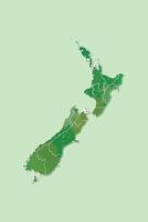 New Zealand watercolor map of green color with border lines of different regions on light background using paint brush vector