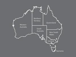 Australia map outline with state names on black background illustration vector
