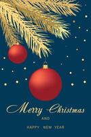 Merry Christmas and Happy New Year greeting card with golden fir branches and red balls. vector