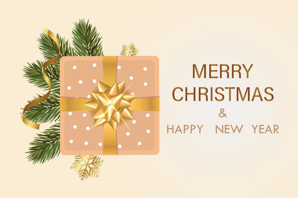 Bright realistic design of Christmas card with gift and fir branches.