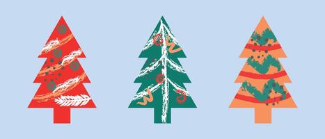 Set of New Year or Christmas trees isolated on white background. Colorful bright Christmas trees in creative style. vector