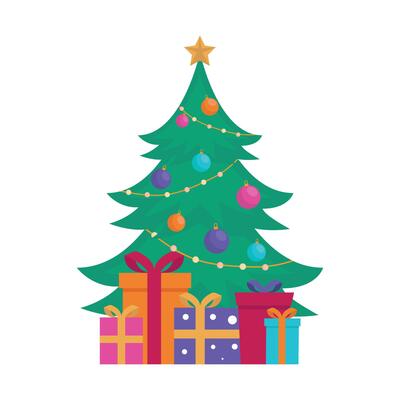 New Year and Christmas tree with balls and gifts.