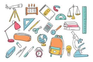 Stationary colored contour doodle set best for studying. Collection of sketchy outline drawings isolated on white background. Back to school or university outline stickers vector