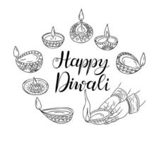 Diwali lamps in hands in doodle style with calligraphic text Happy Diwali vector