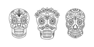 Mexican decorated outline set of sugar skulls. Monochrome contour illustrations for Mexican traditional holiday Day of the dead. Clipart of sketch drawings isolated on white background vector