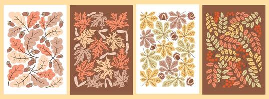 Autumn set of Vintage botanical mid century posters or art print with rowan, oak, maple, chestnut leaves and berries. Hippie 60s, 70s style. Isolated leaves on white background in nostalgic style vector