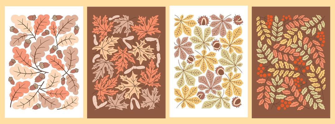 Autumn set of Vintage botanical mid century posters or art print with rowan, oak, maple, chestnut leaves and berries. Hippie 60s, 70s style. Isolated leaves on white background in nostalgic style