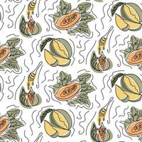 Contrast bold seamless pattern with contour drawing of organic tropic fruits. Botanical drawings. Vegan food concept isolated on white background in boho style vector