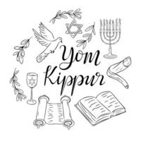 Yom Kippur holiday doodle set with calligraphic text Yom Kippur vector