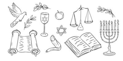Yom Kippur holiday doodle set. Monochrome contour stickers with shofar, menorah and Torah book and scroll isolated oh white background. Sketchy drawing of items related to Jewish holiday vector