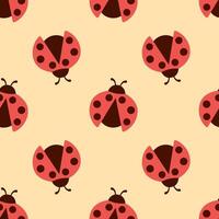 Seamless hand drawn pattern with ladybug illustration on yellow. Cute simple flat design of black and red ladybug. vector