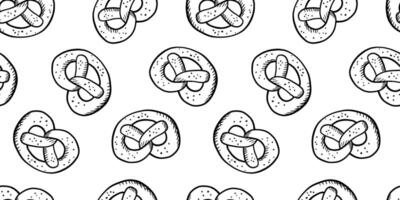 Seamless pattern with hand drawn pretzel on white background. Doodle food sketch vector