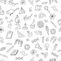 Seamless monochrome pattern with doodles science and education. Outline sketches on white background. Brain, microscope, test tubes and virus line illustrations vector