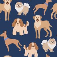 seamless pattern with cute dog different breeds isolated on dark blue background vector