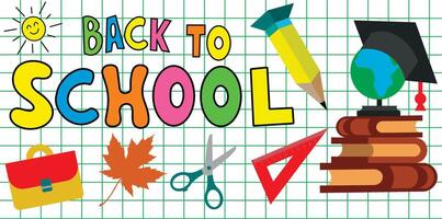 A bright illustration with the inscription BACK TO SCHOOL on a background of green graph paper. Around the text are various symbols related to school and education. vector