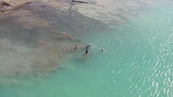 Drone view of children swimming in a turquoise lake video